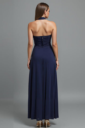 Dark Blue Strapless Sheath Long Formal Dress with Slit